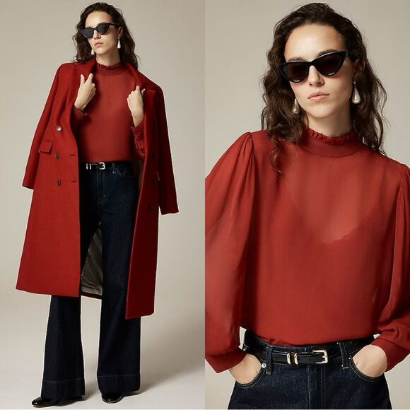 NWT J CREW Ruffleneck top in chiffon in red - Picture 1 of 7